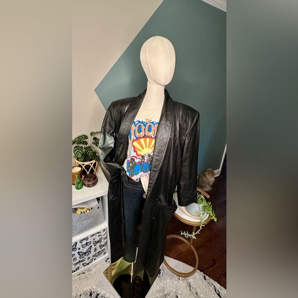 Vintage 90s G-III Leather Trench Coat Genuine Black Double